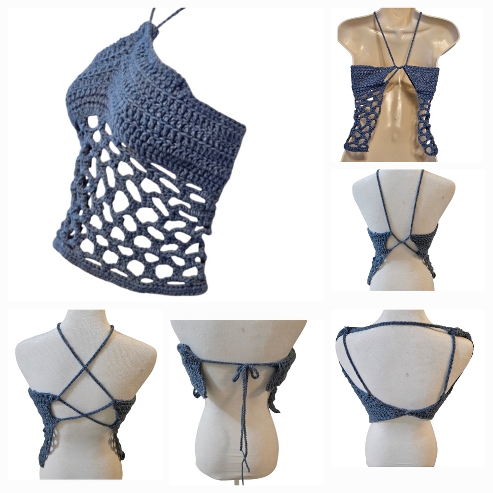 Handmade 4 ways Crochet Summer Top One-of-a-kind Blue Fishnet Bikini Crop-Top - Picture 12 of 17